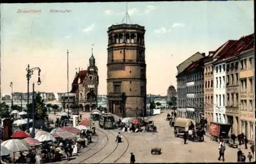 Ak Düsseldorf am Rhein, Rheinpromenade, Rheinufer, Straßenbahn, Markt