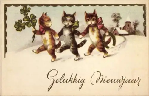 Ak Glückwunsch Neujahr, Katzen, Glücksklee