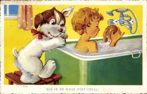 Ak Kind in der Badewanne, Schwamm, Badezimmer, Hund