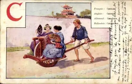 Buchstaben Künstler Litho China, Mann fährt zwei Frauen in Trachten mit einer Rikscha, Buchstabe C