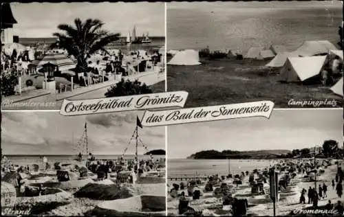 Ak Ostseebad Grömitz in Holstein, Palmenterrasse, Campingplatz, Strand, Promenade