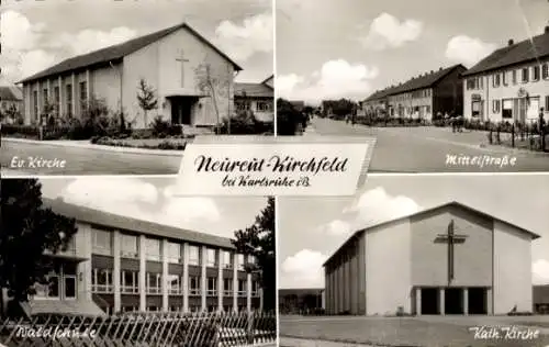 Ak Neureut Karlsruhe in Baden, Kirchfeld, Evangelische Kirche, Mittelstraße, Waldschule