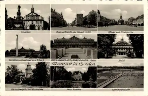 Ak Rastatt im Schwarzwald Baden, Rathaus, Markt, Stadtkirche, Schloss, Bahnhofstraße, Ehrenmal