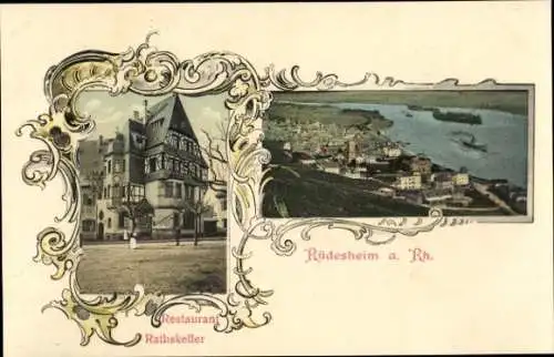 Passepartout Ak Rüdesheim am Rhein in Hessen, Restaurant Ratskeller, Teilansicht der Stadt