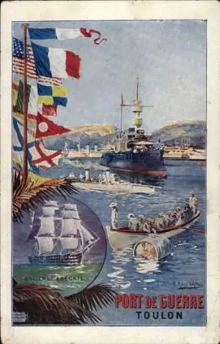 Künstler Ak Toulon Var, Port de Guerre, Ancien Fregate, Französische Kriegsschiffe