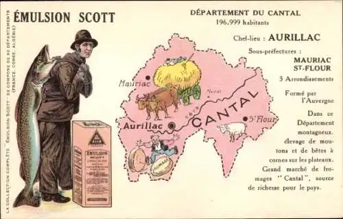 Landkarten Ak Cantal, Werbung, Emulsion Scott, Fischfang, Aurillac
