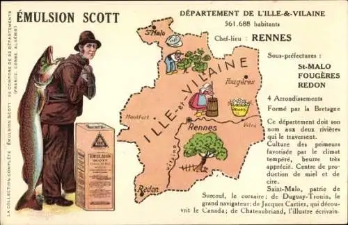 Landkarten Ak Ille et Vilaine, Emulsion Scott Reklame, Fischer mit Fang, Rennes