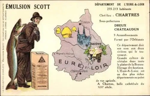 Landkarten Ak Eure et Loire, Emulsion Scott Reklame, Fischer mit Fang, Châteaudun, Dreux