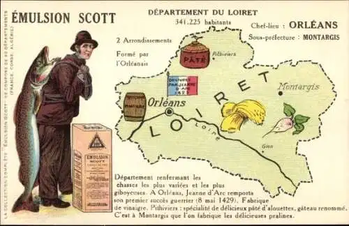 Landkarten Ak Loiret, Emulsion Scott Reklame, Fischer mit Fang, Orléans, Gien