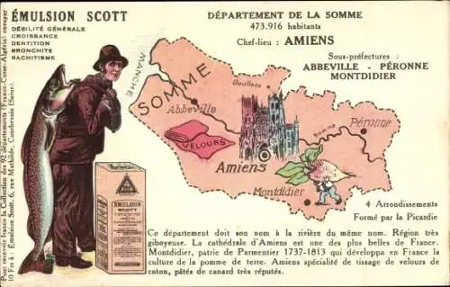 Landkarten Ak Somme, Émulsion Scott, Fischer mit Fang, Amiens, Peronne, Montdidier