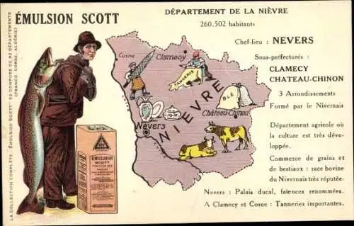 Landkarten Ak Nièvre, Emulsion Scott, Fischer mit Fang, Nevers, Clamecy
