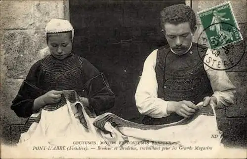 Ak Pont-l'Abbé Finistère, Stickerin, bretonische Kostüme