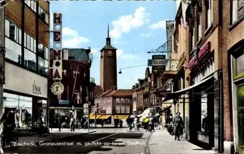 Ak Enschede Overijssel Niederlande, Gronausestraat mit Blick auf den Rathausturm