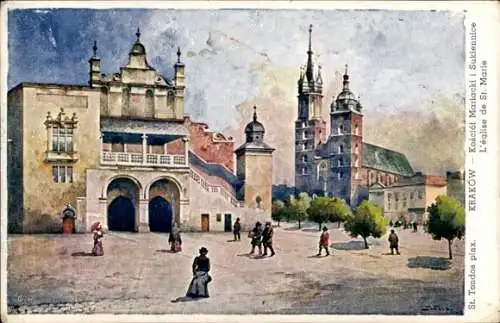 Künstler Ak Tondos, Krakau Polen, Kirche und Rathaus