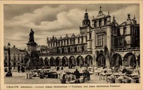 Ak Kraków Krakau Polen, Sukiennice, Tuchhallen, Mickiewicz Denkmal