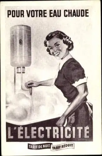 Ak Werbung, Frau an der Badewanne, Heißes Wasser, Heißwasserbereiter, Strom