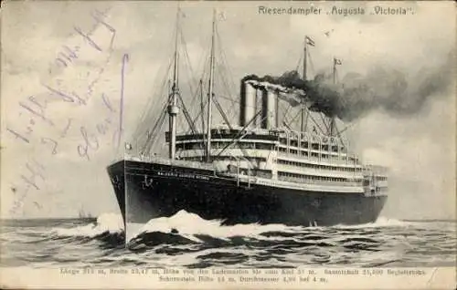 Ak Riesendampfer Augusta Victoria, HAPAG, Bugansicht