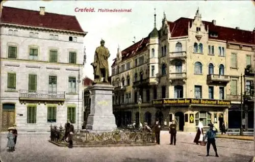 Ak Krefeld am Niederrhein, Moltkedenkmal, Hotel-Restaurant Bellevue