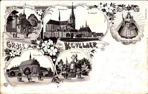 Litho Kevelaer am Niederrhein, Klarissen-Kloster, Kroatenkreuz, Gnadenkapelle, Marienkirche