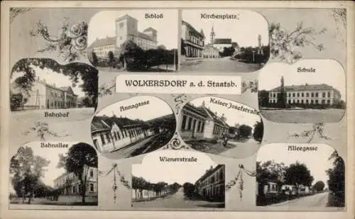 Ak Wolkersdorf im Weinviertel Niederösterreich, Bahnhof, Schloss, Kirchenplatz, Schule