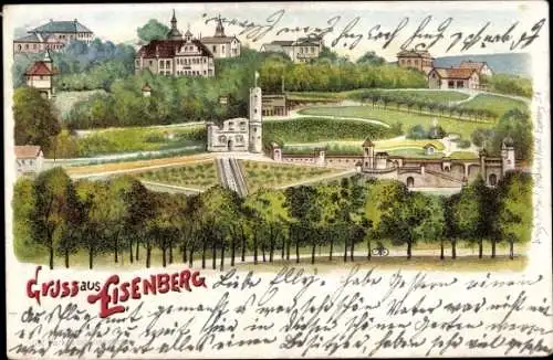 Litho Eisenberg in Thüringen, Geyers Villa mit Park und Umgebung