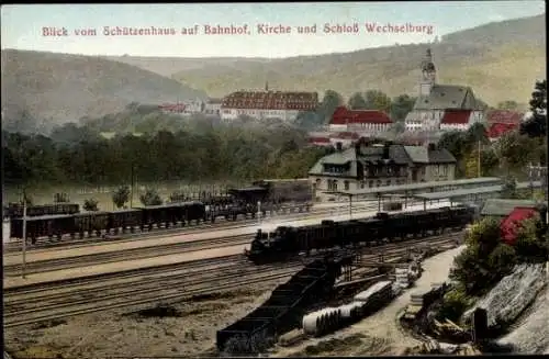 Ak Wechselburg in Sachsen, Bahnhof, Gleisseite, Schloss, Kirche