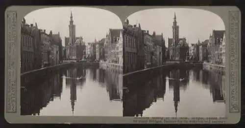 Stereo Foto Spiegelkai in Brugge, Belgien Häuserfronten mit Blick auf die Kirche