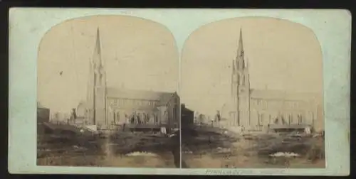 Stereo Foto Manchester, Kirche St. Simeon, Straßenbild nach Flutkatastophe, um 1880