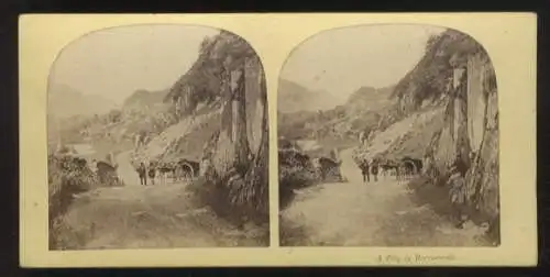 Stereo Foto Landstraße bei Borrowdale, Pferdekutsche, zwei Männer mit Zylinder