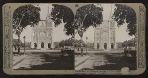 Stereo Foto Vietnam, Saigon, Straßenbild mit Kirche