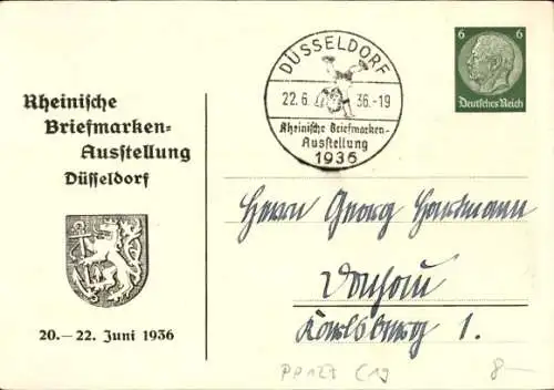 Ganzsachen Künstler Ak Peters, P., Düsseldorf, Briefmarkenausstellung Juni 1936, Postbeamter