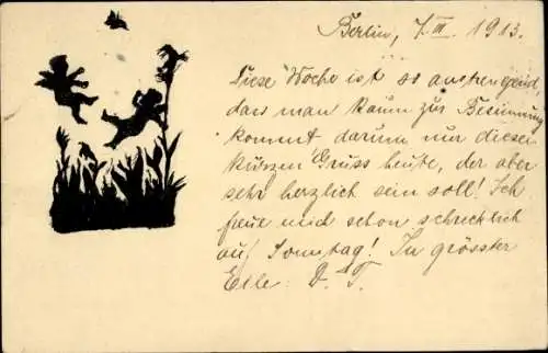 Scherenschnitt Ak Zwei Engel, Schmetterling, Blumen