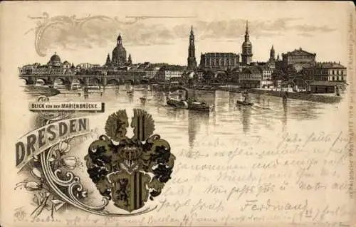 Wappen Litho Dresden in Sachsen, Blick von der Marienbrücke, Stadtansicht