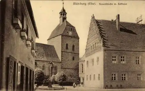 Ak Mühlberg an der Elbe, Frauenkirche mit Rathaus
