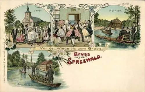 Litho Spreewald, Von der Wiege bis zum Grabe, Trachten, Taufe, Hochzeit, Begräbnis