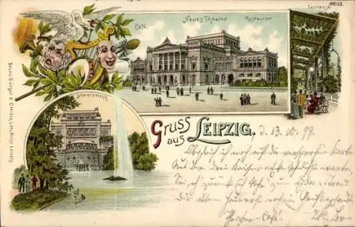 Litho Leipzig in Sachsen, Neues Theater, Café, Restaurant, Schwanenteich, Terrasse