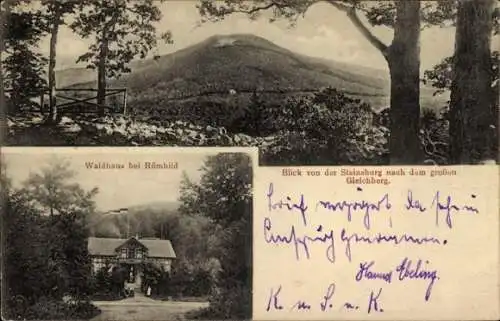 Ak Römhild in Thüringen, Blick von der Steindburg nach dem großen Gleichberg, Waldhaus