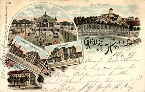 Litho Halle an der Saale, Bahnhof, Burg Giebichenstein, Theater, Rathaus, Franke Stiftung