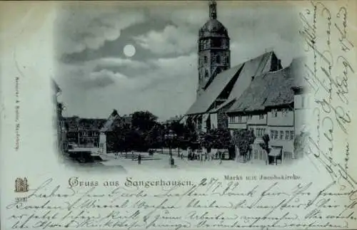 Mondschein Ak Sangerhausen am Südharz, Jacobskirche, Markt, Nacht