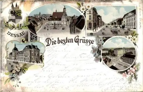 Litho Dessau Sachsen Anhalt, Markt, Kavalierstraße, Herzogl. Schloss, Wappen