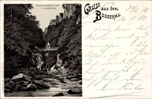 Litho Bodethal Thale, Blick auf die Teufelsbrücke, Fluss, Felsen