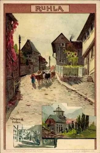 Künstler Litho Stagura, Albert, Ruhla in Westthüringen, Straßenpartie, Teilansichten, Kapelle