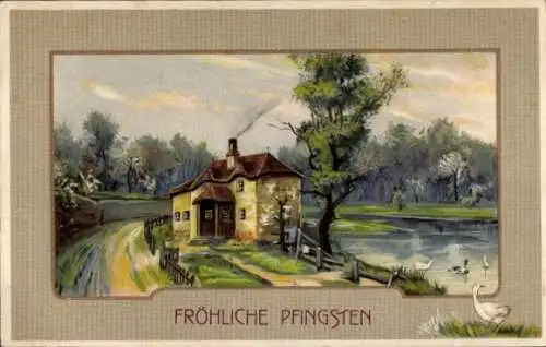 Ak Glückwunsch Pfingsten, Wohnhaus, Teich, Gans