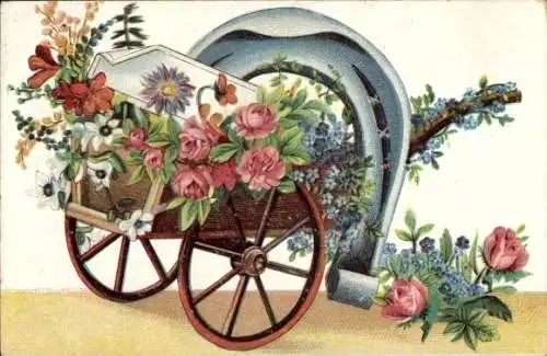 Präge Ak Schubkarre, Hufeisen, Blumen, Rosen