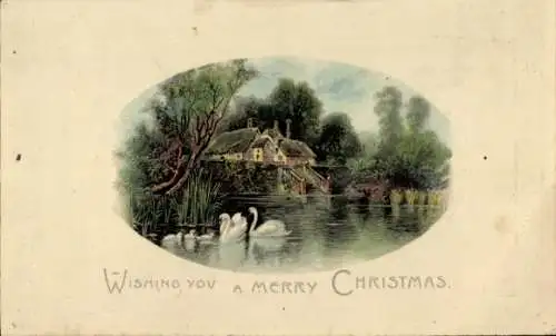 Präge Ak Glückwunsch Weihnachten, Wohnhaus, Teich, Schwäne