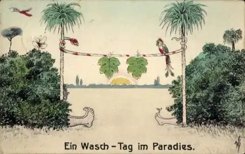 Künstler Ak Scheuermann, W., Wasch-Tag im Paradies, Papagei, Schlange