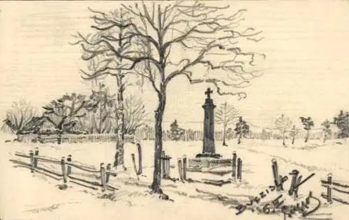 Handgemalt Ak Grabmal, Kreuz, Bäume, Friedhof