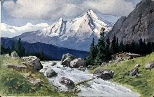 Künstler Litho Splitgerber, Gebirgslandschaft, Fluss