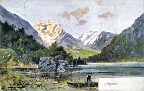 Künstler Litho August, Berglandschaft, Mann im Ruderboot