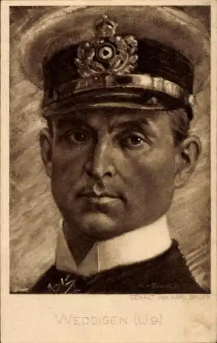 Künstler Ak Bauer, Karl, Kapitänleutnant Otto Weddingen, U 9, Portrait